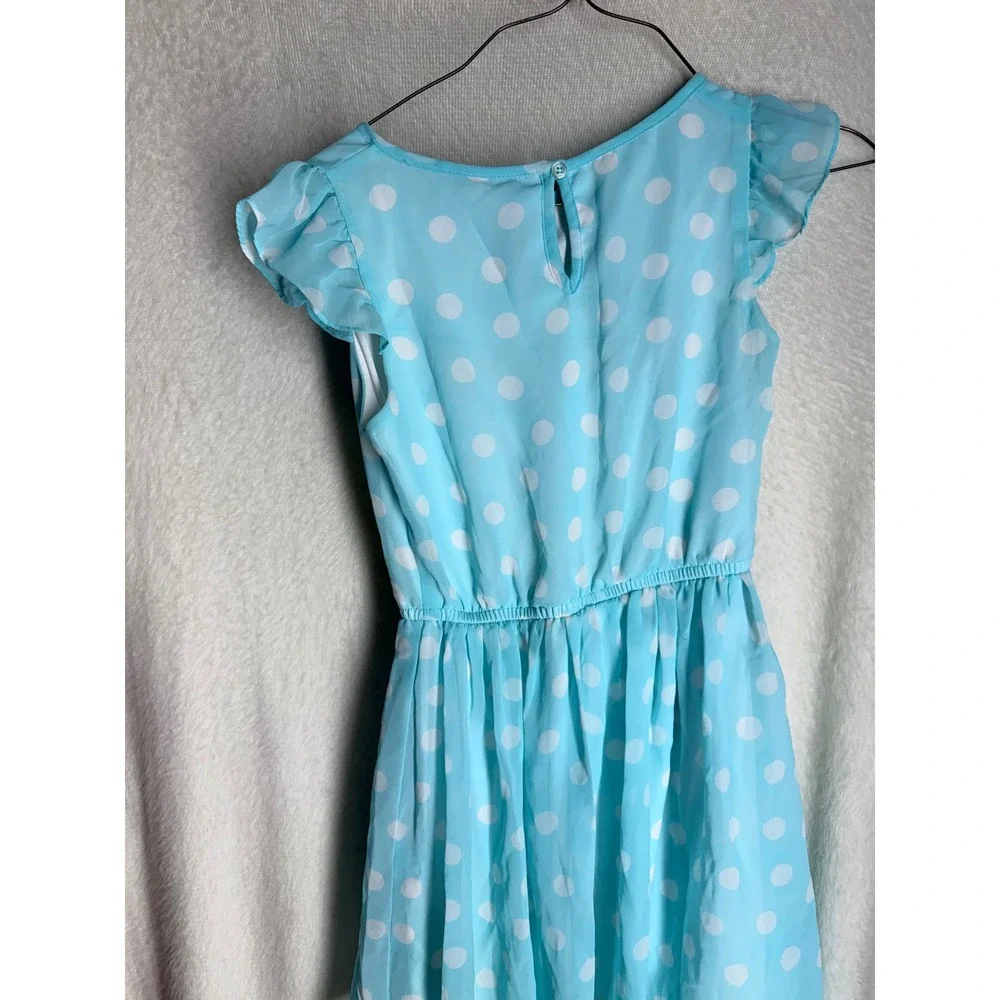 Scooter Brown Girls Blue White Polka Dot Flutter Sleeve Dress Size 10/12